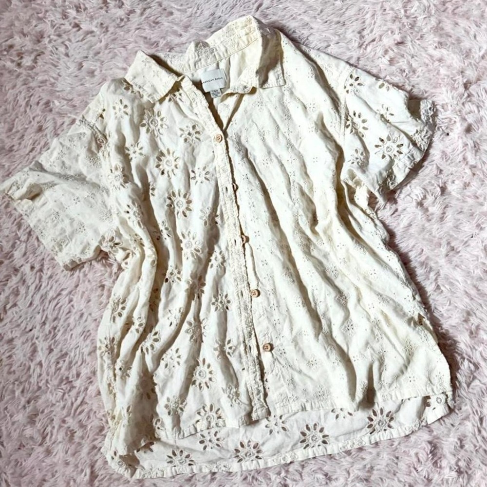 American Eagle Embroidered Eyelet Boho Whimsical Cottage Collared Top Womens L